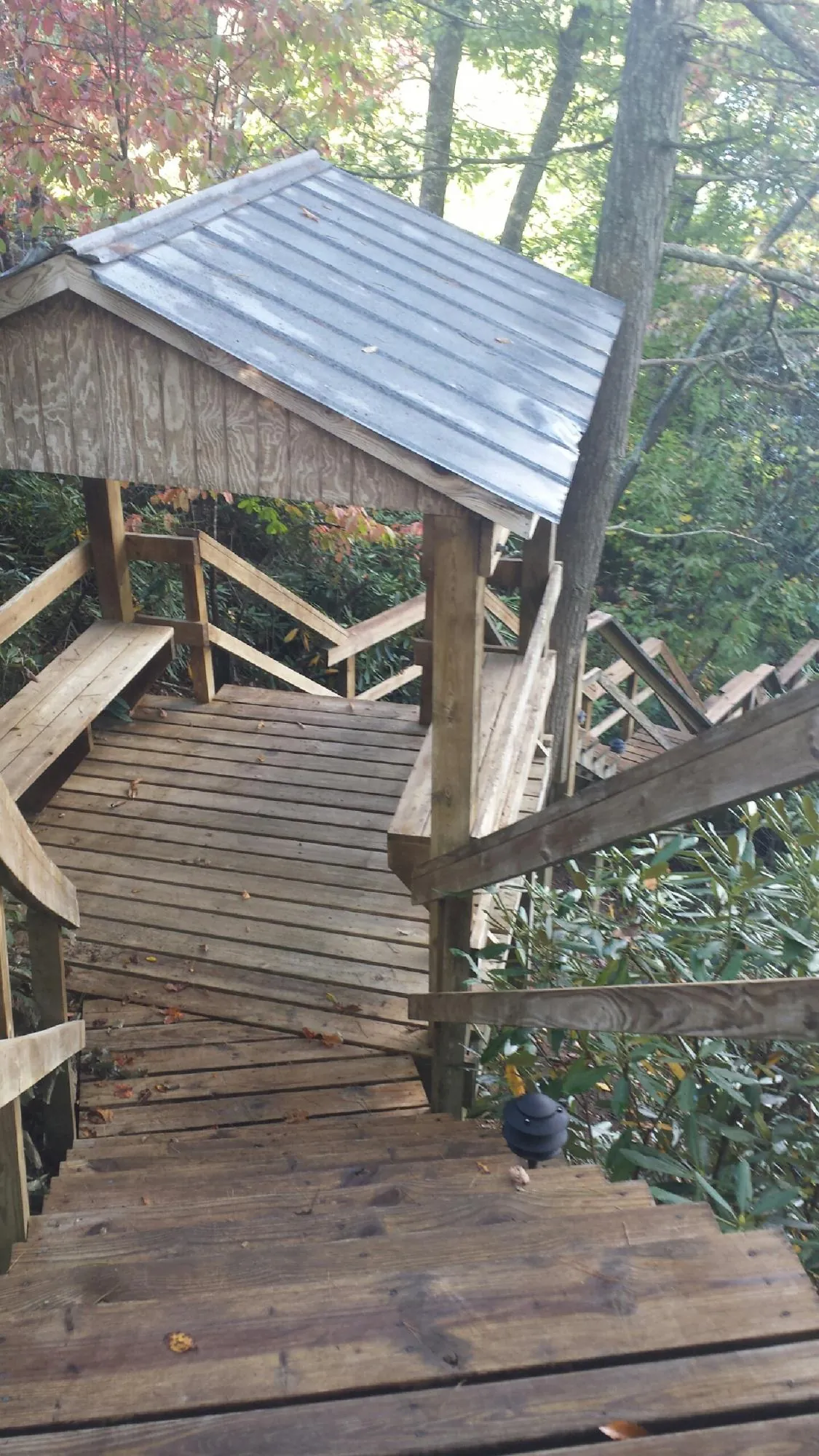 Metal roofed shelter over wooden steps on a wooded walkway — Skylight Repair & Installation work by our crew in Franklinton
