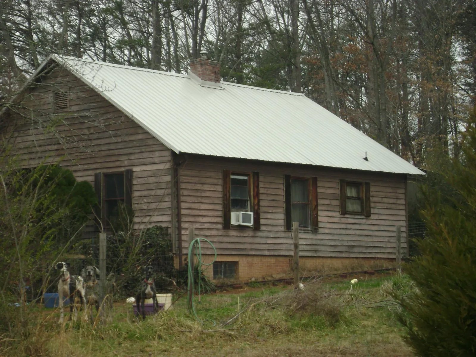 White metal roof on an old wood sided farmhouse, from a Asphalt Shingle Roof Repair job in Franklinton